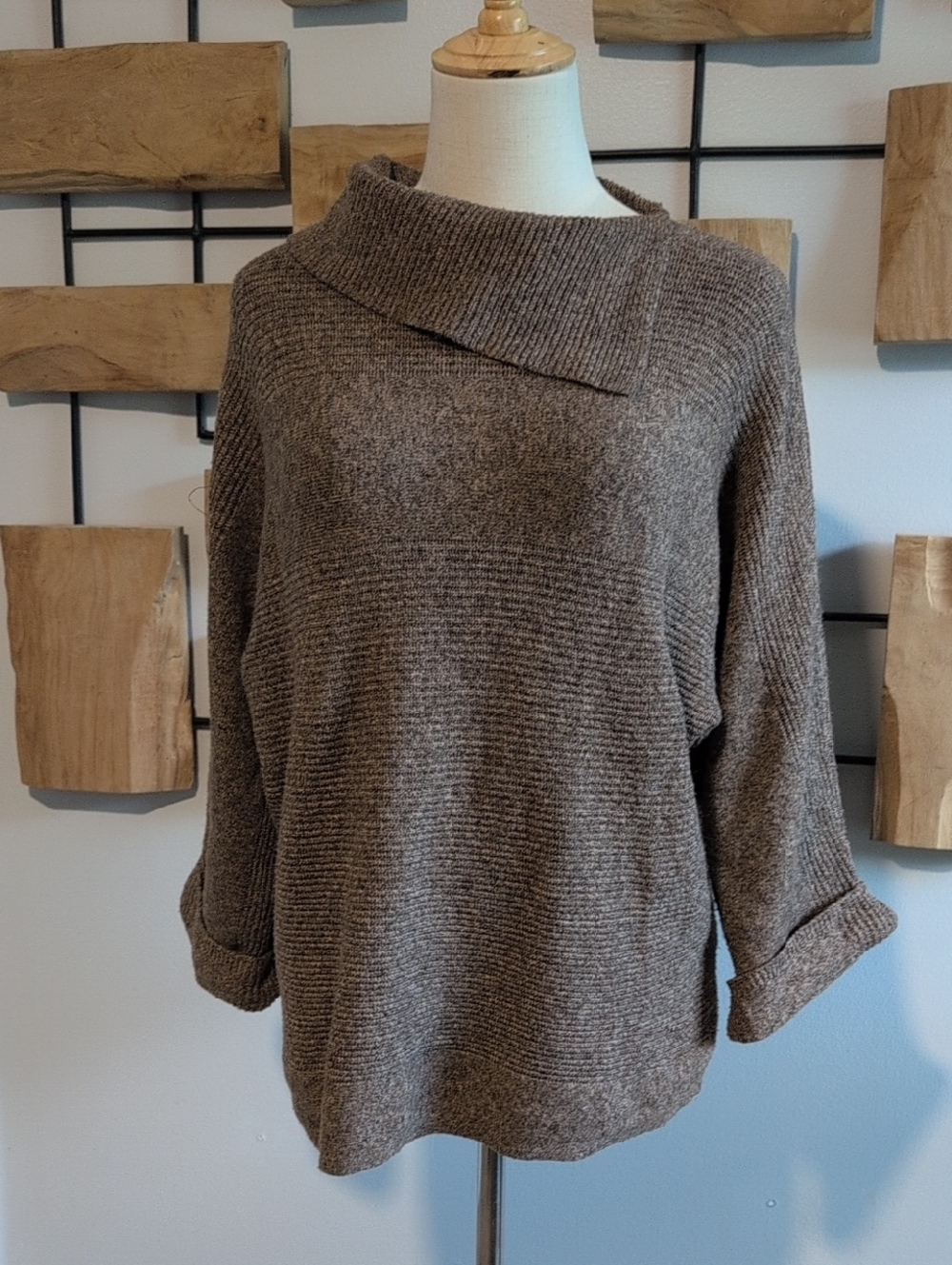 Leo & Nicole Ribbed Funnel Neck Sweater in Taupe